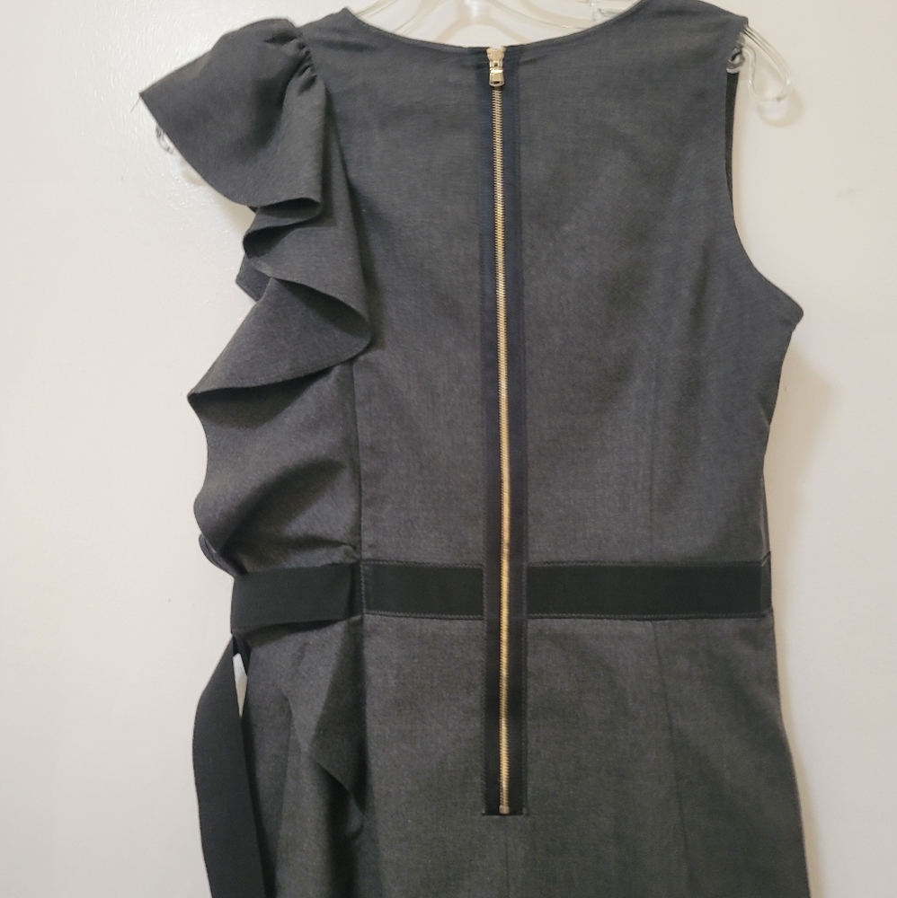 Sandro Paris Dress Gray Ruffle Trim Ribbon Belted Sheath Stretch Size Small New - Picture 11 of 16